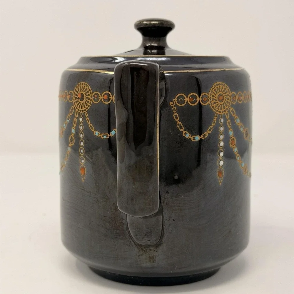 Vintage English Teapot Black Glaze Hand Painted‎ Made in England